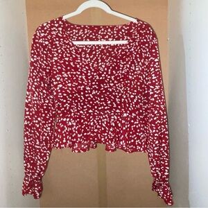 Red and White Floral Flare V-Neck Long Sleeve Blouse Business Casual Formal